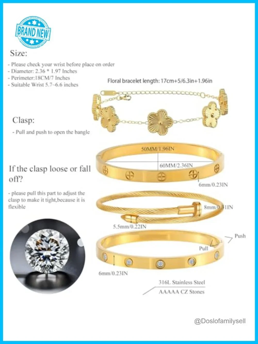 Gold Plated Stackable Floral Bangle Bracelet Set - 4Pcs Stainless Steel CZ